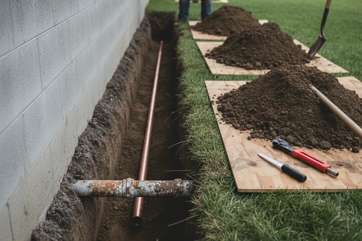 Excavated water line trench during Water Softener Installation in Busy